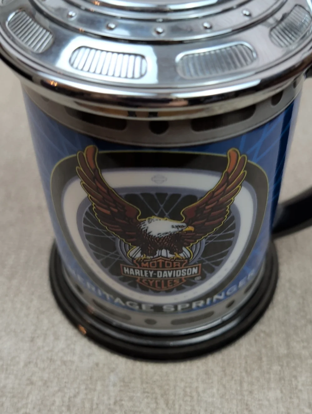 Harley-Davidson Blue Heritage Springer Ceramic Stein with Pewter Lid Like New